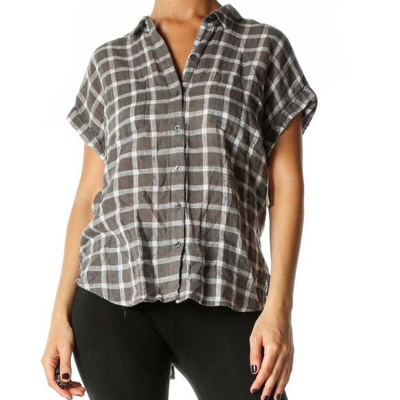 Lucky Brand Plaid Gray Button Front Short Sleeve Checkered Blouse - Picture 1 of 10